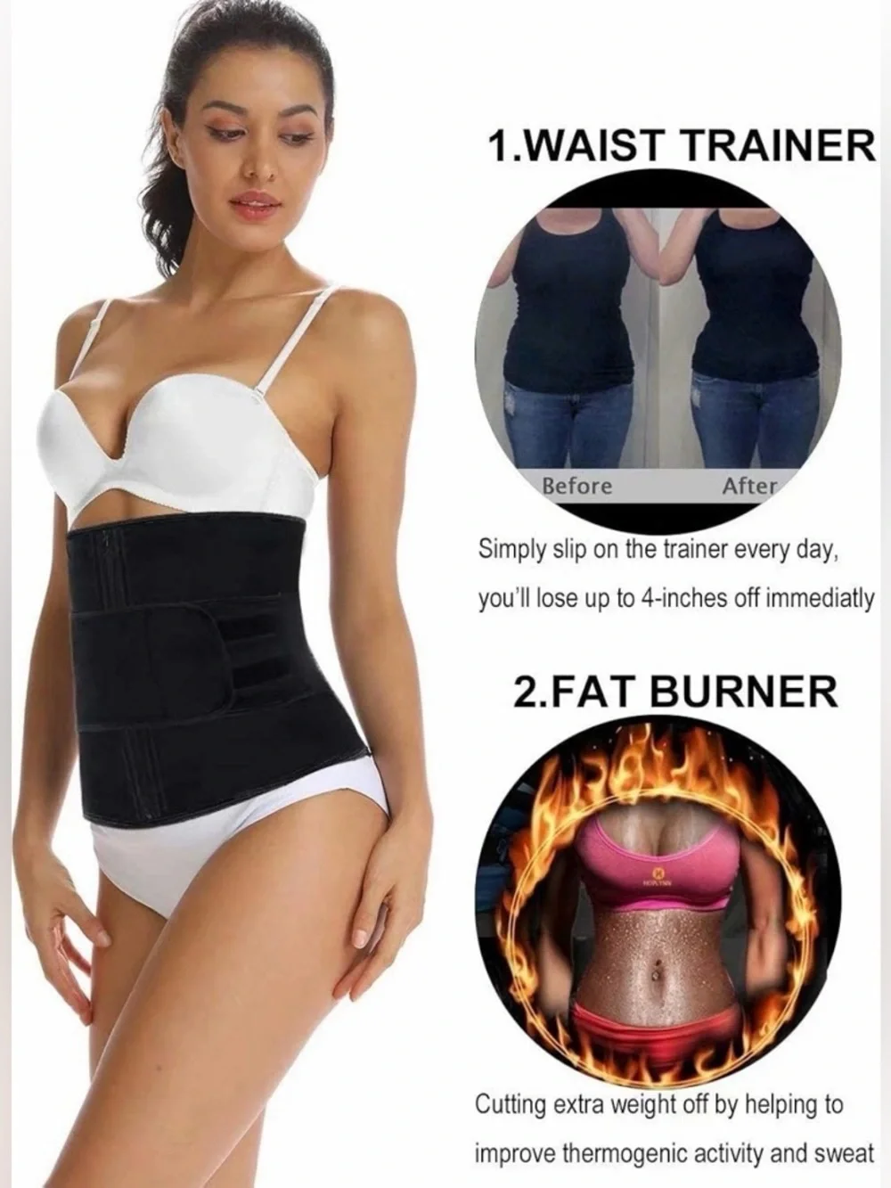 HOPLYNN Waist Trainer Belt Large Black Zip & Hook Compression Shaper - Picture 2 of 6
